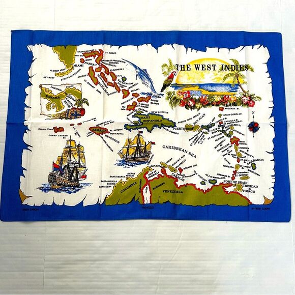 Irish Looms Linen The West Indies Map Tapestry Tea Towel - Blue and White - Picture 1 of 10